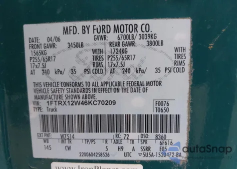 2006 Ford F-150 Stx/Xl/Xlt from USA, damaged, VIN 1FTRX12W46KC70209